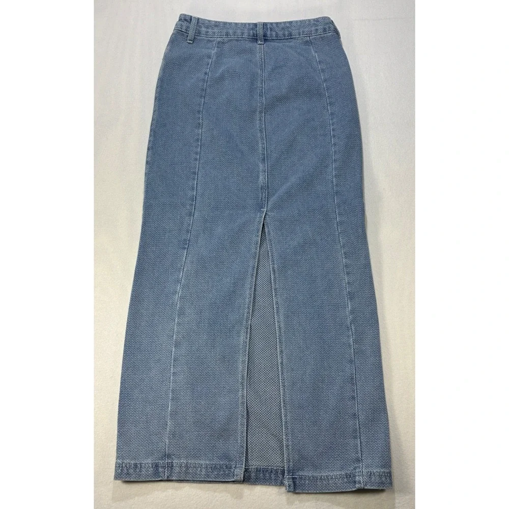 Forever 21 Herringbone Denim Maxi Skirt Women Small Blue Chevron Long Slit Jean